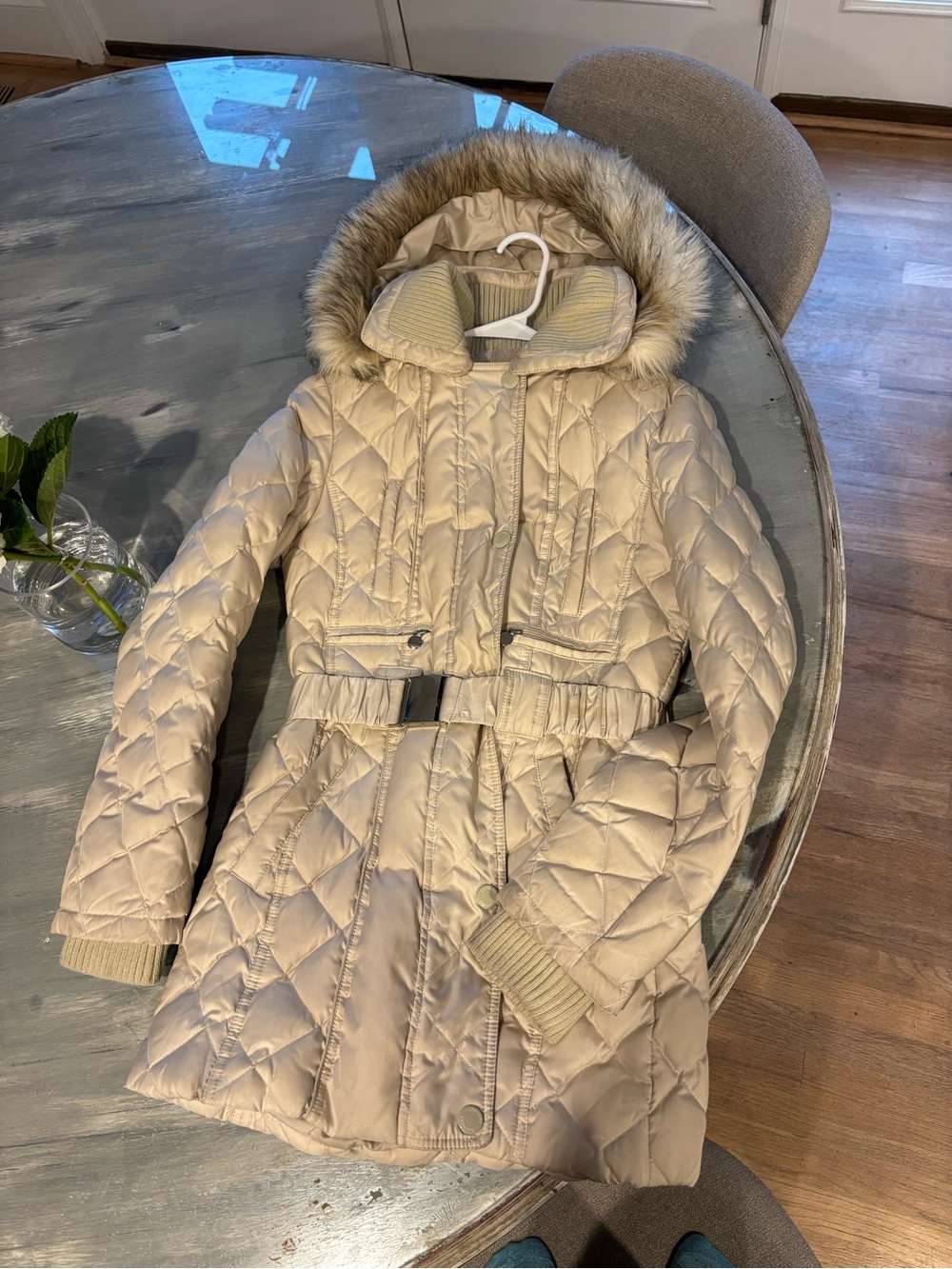 Laundry By Shelli Segal Cream Quilted Coat with Faux-Fur Trim